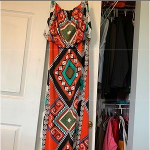 Strapless, floor length, tribal dress.